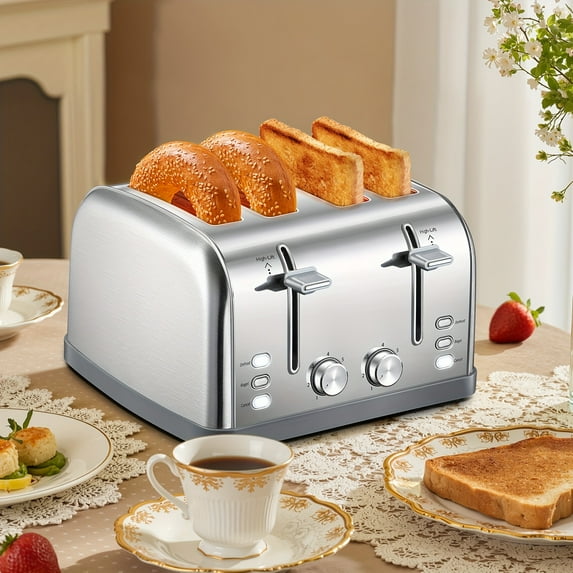 Guang Sheng Pu Toaster 4 Slice, Extra Wide Slots, Stainless Steel with High Lift Lever, Bagel And Muffin Function, Removal Crumb Tray, 7-Shade Settings with Warming Rack, Silvery