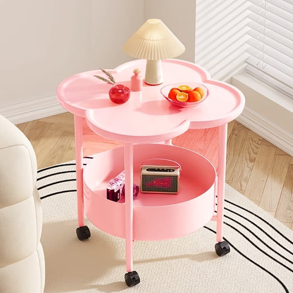 Guang shengpu Classic 2-Tier Rolling Sofa Side Table, Modern Plastic Coffee Table, White Finish, with Casters and Storage Shelf, for Living Room, Bedroom, Hallway - No Assembly Required