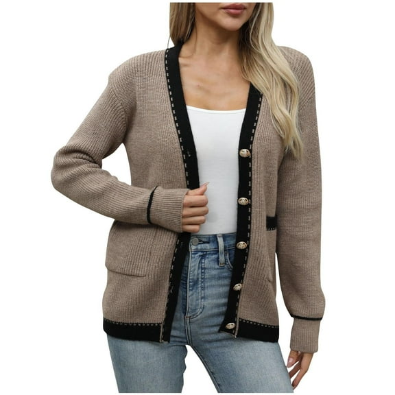 GuangCheng Cardigan Sweaters for Women Open Front Long Sleeve Button Down Knit Jackets with Pockets for Fall Winter