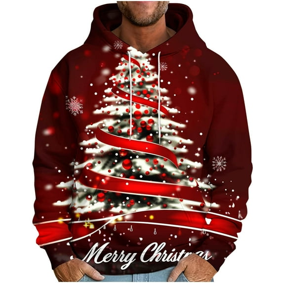 GuangCheng Chirstmas Tree Printed,Hooded,Sweatshirts for Men,Drawstring,Drop Shoulder,Long Sleeve,Thick,Pullover,Coats Hoodies