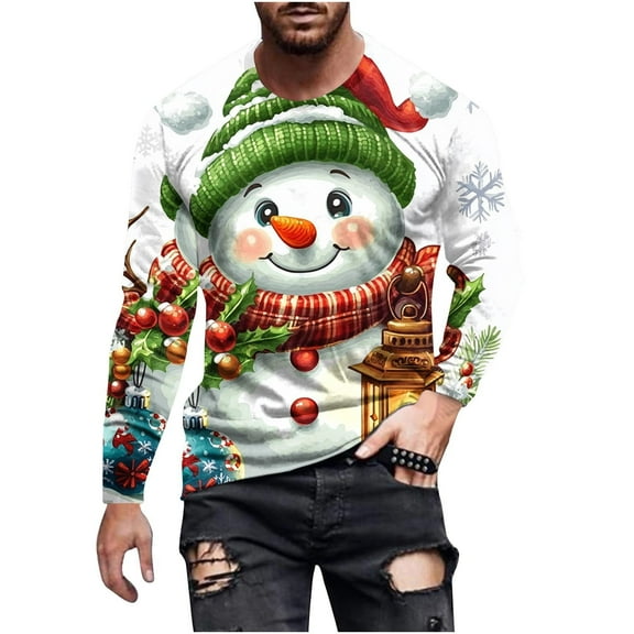 GuangCheng Christmas Shirts for Men Crew Neck,Long Sleeve Tops,Printed,Pullover,Baggy,Bottom,Tees,Comfy Loose Piece,White,Size 4XL