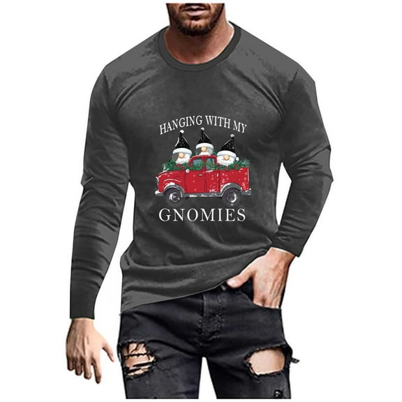 GuangCheng Christmas Tees for Men Long Sleeve Tops,Crew Neck,Printed,Pullover,Baggy,Bottom,Tees,Comfy Loose Piece,Gray,Size S