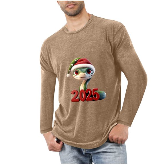 GuangCheng Christmas Tops for Men Round Neck,Printed,Long Sleeve Tops,Pullover,Baggy,Bottom,Tees,Comfy Loose Piece,Khaki,Size M