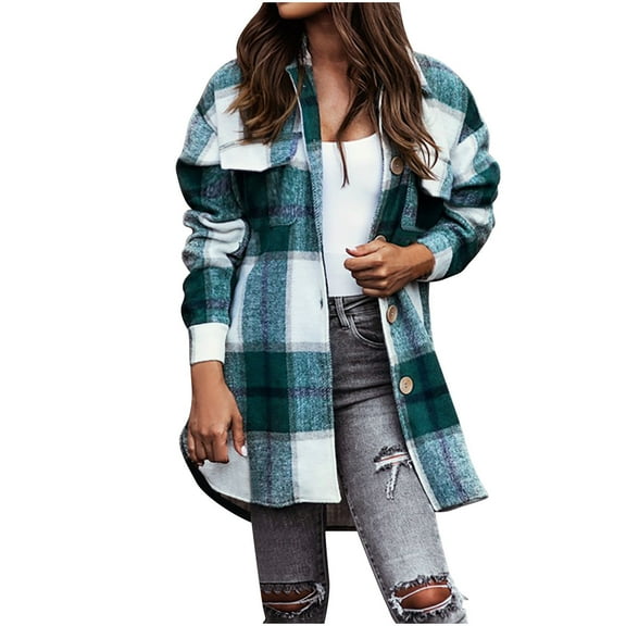 GuangCheng Coats for Women Casual Winter Lapel Pocket Long Sleeve Plush Plaid Button Warm Jacket