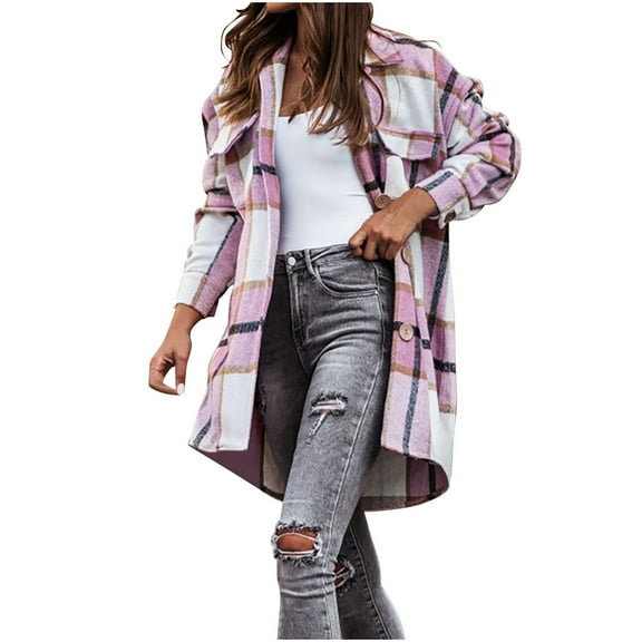 GuangCheng Coats for Women Casual Winter Lapel Pocket Long Sleeve Plush Plaid Button Warm Jacket