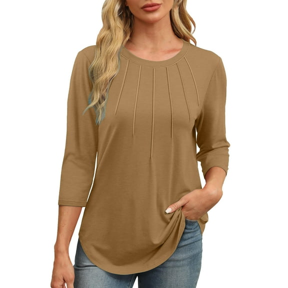 GuangCheng Crew Neck Pleated Blouses for Women 3/4 Length Sleeve T Shirts Casual Fall Tunic Basic Trendy Tops