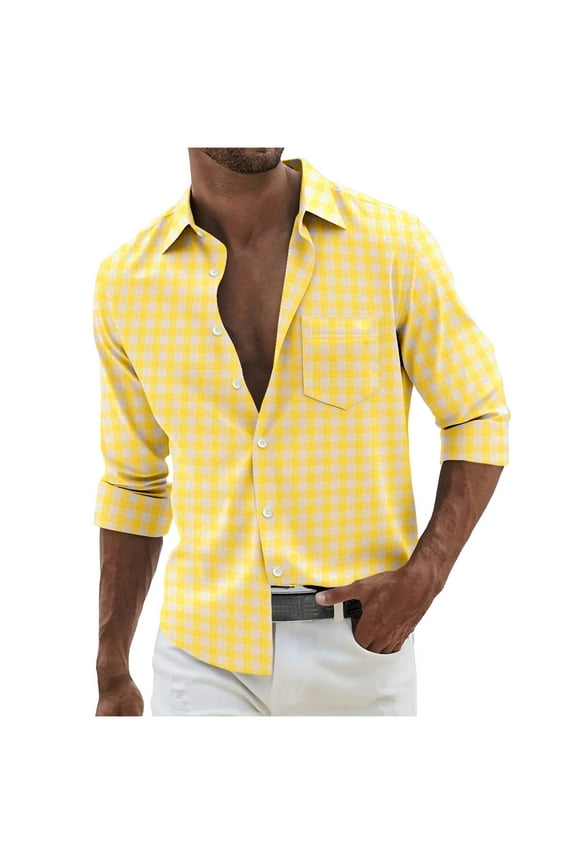 Dress Polo Shirts for Men Silm Fit Plaid Lapel Collar Button Down Long Sleeve Suit Blouses