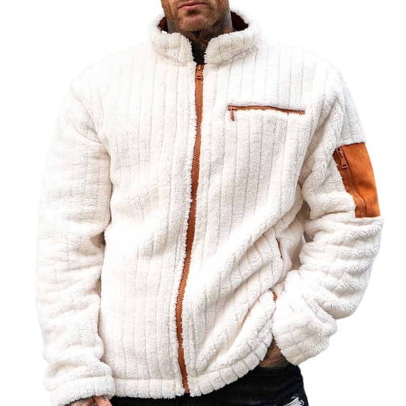 GuangCheng Fleece Fuzzy Shirts for Mens Zip Up Sherpa Long Sleeve Jackets Stand Collar Thick Coats with Zippered Pockets
