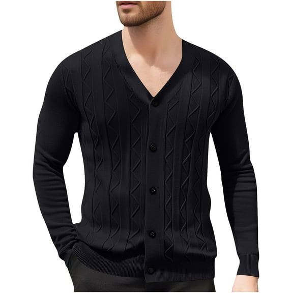 GuangCheng George Cable Knit Cardigan Sweaters for Men,V Neck,Button Up,Casual Textrue Knitwear Sweaters,Black,L