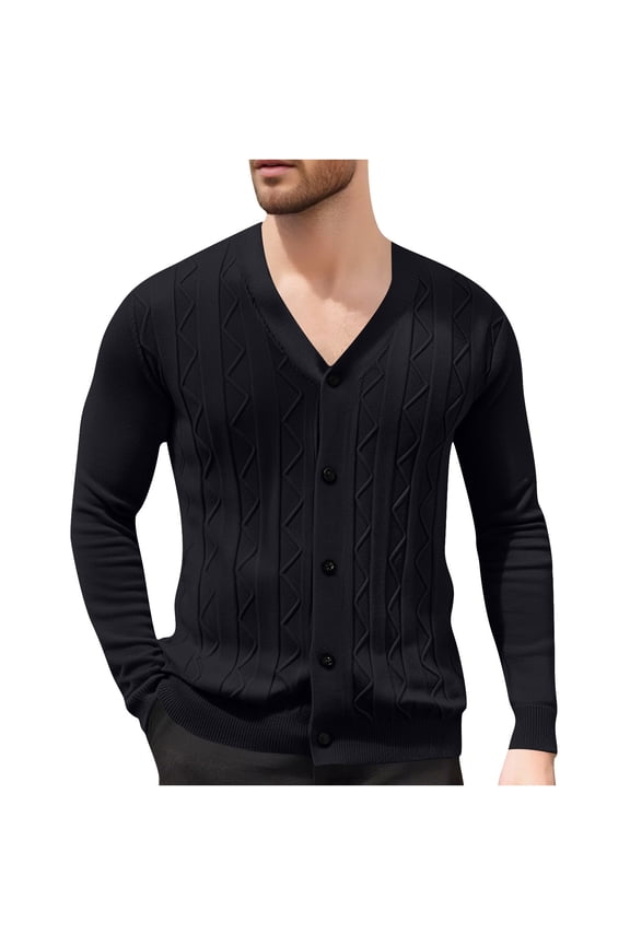 Cable Knit Cardigan Sweaters for Men,V Neck,Button Up,Casual Textrue Knitwear Sweaters,Black,XS