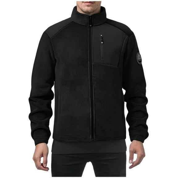 GuangCheng George Fleece Jackets for Men,Full Zip,Polar Fleece,Outerwear Coats with Zippered Chest Pocket and Patch on Sleeve,Black,XL