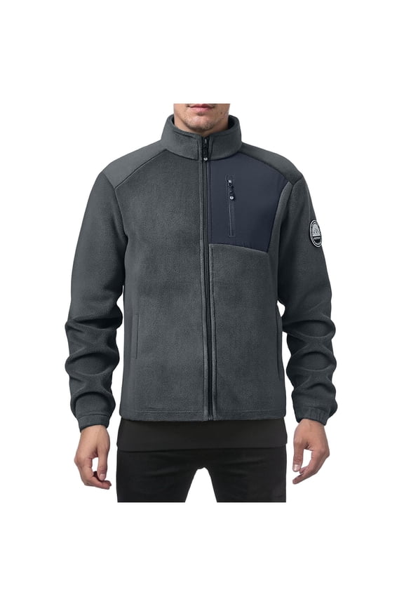 George Fleece Jackets for Men,Full Zip,Polar Fleece,Outerwear Coats with Zippered Chest Pocket and Patch on Sleeve,Dark Gray,XL