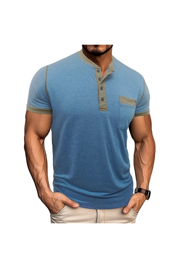 George Henley Shirts for Men,Color Block,Short Sleeve Tops,Slim Fit,Soft,Button Placket,Chest Pocket,Casual Wear Tees,Blue,Size 3XL