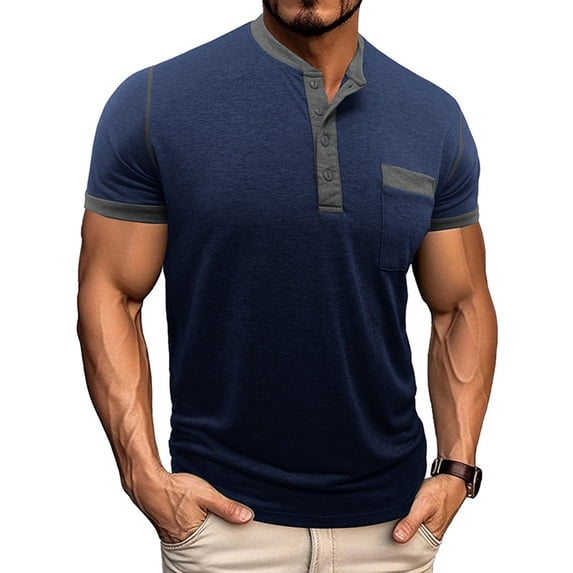 GuangCheng George Henley Shirts for Men,Color Block,Short Sleeve Tops,Slim Fit,Soft,Button Placket,Chest Pocket,Casual Wear Tees,Dark Blue,Size M