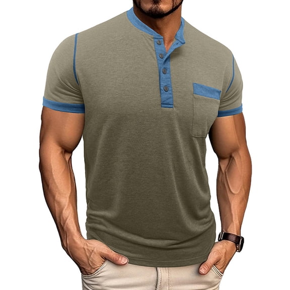 GuangCheng George Henley Shirts for Men,Color Block,Short Sleeve Tops,Slim Fit,Soft,Button Placket,Chest Pocket,Casual Wear Tees,Khaki,Size 2XL