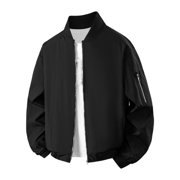 GuangCheng George Men Bomber Jackets Classic Full Zip Lightweight Water Resistant Ribbed Trim Chest Pocket Versatile Coats,Black,XL