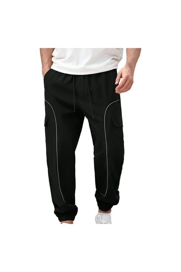 Men Cargo Pants Elastic Waist Drawstring Side Pockets Reflective Stripe Comfy Loose Fit Joggers,Size:L