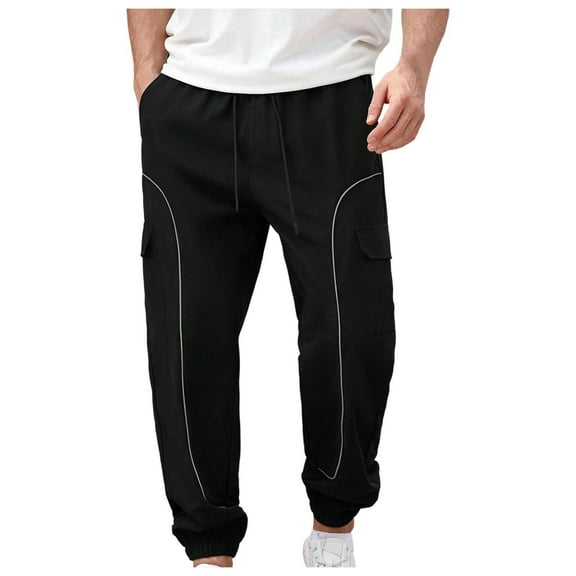 GuangCheng George Men Cargo Pants Elastic Waist Drawstring Side Pockets Reflective Stripe Comfy Loose Fit Joggers,Size:M