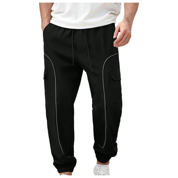 GuangCheng George Men Cargo Pants Elastic Waist Drawstring Side Pockets Reflective Stripe Comfy Loose Fit Joggers,Size:XL