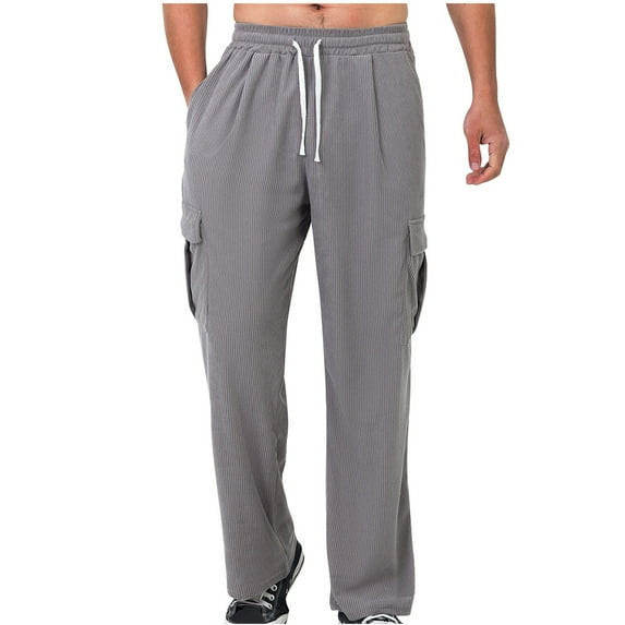 GuangCheng George Men Cargo Pants Textured Corduroy Elastic Drawstring Waist Loose Fit Multiple Pockets Comfortable Casual Trousers,Size:L