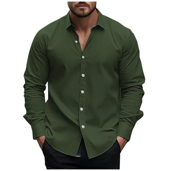 ZHYou Men Casual Button Down Shirts Long Sleeve Solid Color Soft Comfort Slim Fit Versatile Dress Tops,Army Green,L
