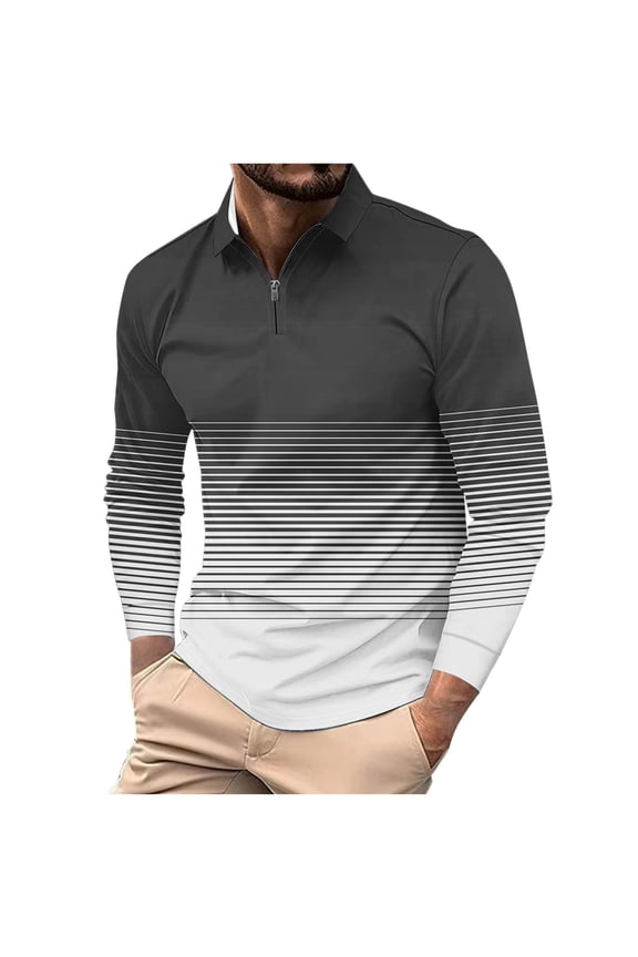 George Men Casual Loose Zipper Pullover Striped Printed Shirt Long Sleeve Turndown Collar Lapel Top Blouses,Black,3XL
