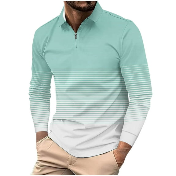 GuangCheng George Men Casual Loose Zipper Pullover Striped Printed Shirt Long Sleeve Turndown Collar Lapel Top Blouses,Light Blue,XL