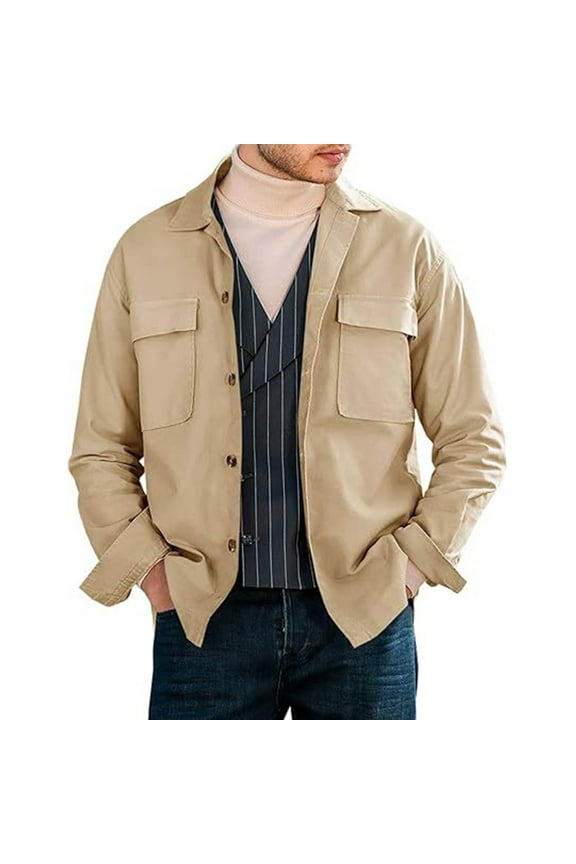 George Men Casual Shirt Jackets,Workwear Overshirt,Warm,Lightweight,Button Up,Outerwear with Chest Pockets,Khaki,3XL