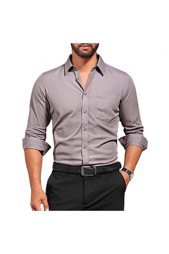 George Men Classic Fit Long Sleeve Dress Shirt Button Down Chest Pocket Wrinkle Resistant Soft Comfort Tops,Gray,2XL