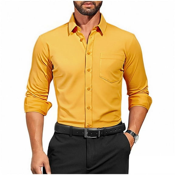 GuangCheng George Men Classic Fit Long Sleeve Dress Shirt Button Down Chest Pocket Wrinkle Resistant Soft Comfort Tops,Yellow,XL