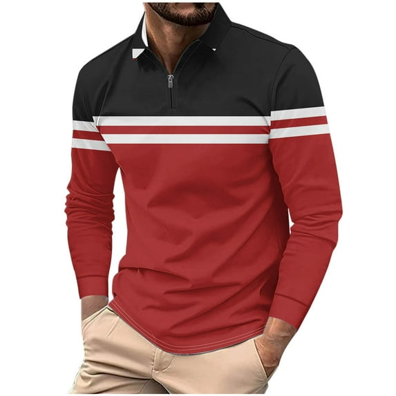 GuangCheng George Men Colorblock Striped Shirts Long Sleeve Zip Placket Contrast Horizontal Stripes Slim Fit Casual Stylish Blouses,Red,XL