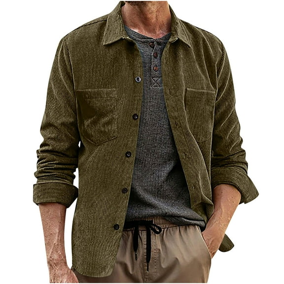 GuangCheng George Men Corduroy Overshirts Button Up Long Sleeve Textured Chest Pockets Casual Layering Shackets,Army Green,L