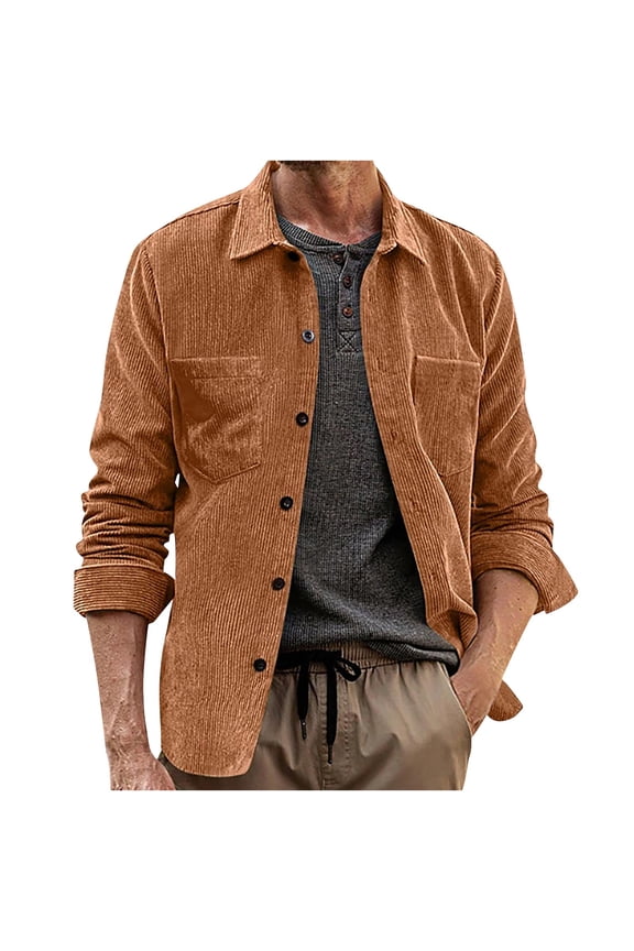 George Men Corduroy Overshirts Button Up Long Sleeve Textured Chest Pockets Casual Layering Shackets,Brown,L