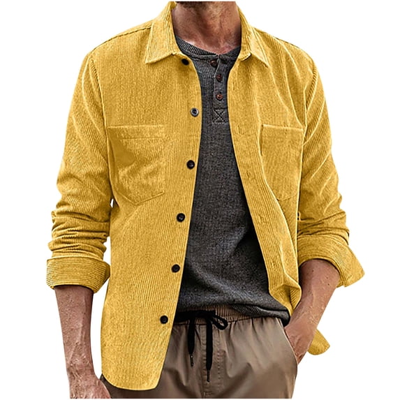 GuangCheng George Men Corduroy Overshirts Button Up Long Sleeve Textured Chest Pockets Casual Layering Shackets,Yellow,L