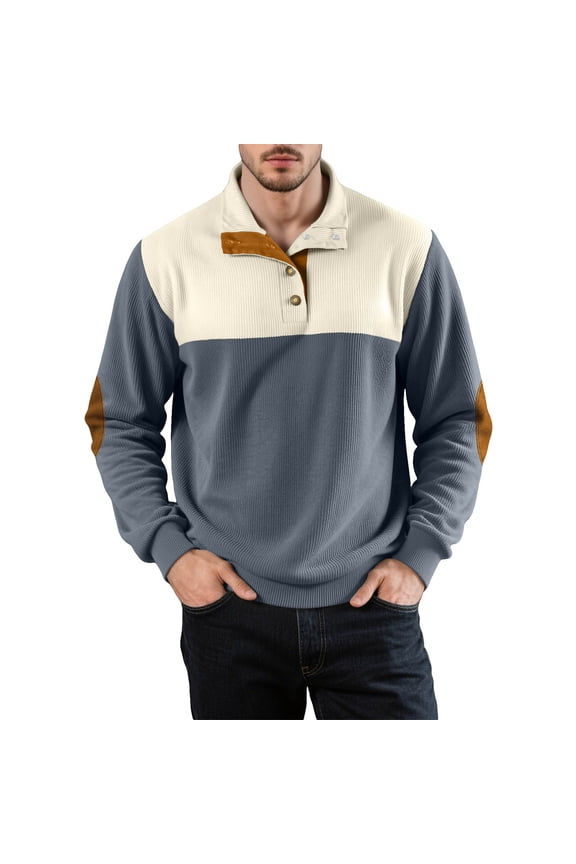 George Men Corduroy Pullover Sweatshirts Colorblock Button Placket Contrast Elbow Patches Soft Warm Comfort Tops,Gray,L