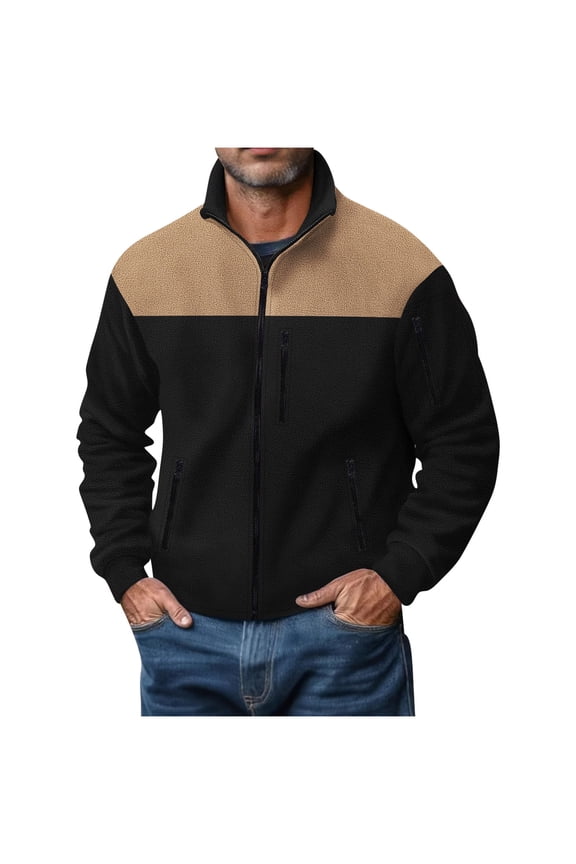 George Men Fleece Jacket Full Zip Soft Warm Comfort Outdoor Casual Stylish Zip Pockets Color Block Tops,Black,L