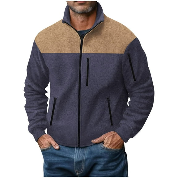 GuangCheng George Men Fleece Jacket Full Zip Soft Warm Comfort Outdoor Casual Stylish Zip Pockets Color Block Tops,Gray,3XL