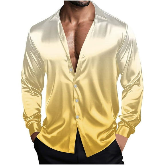 GuangCheng George Men Gradient Satin Button Up Shirts Long Sleeve Deep V Neck Luxe Shine Soft Touch Casual Night Out Stylish Tops,Yellow,L
