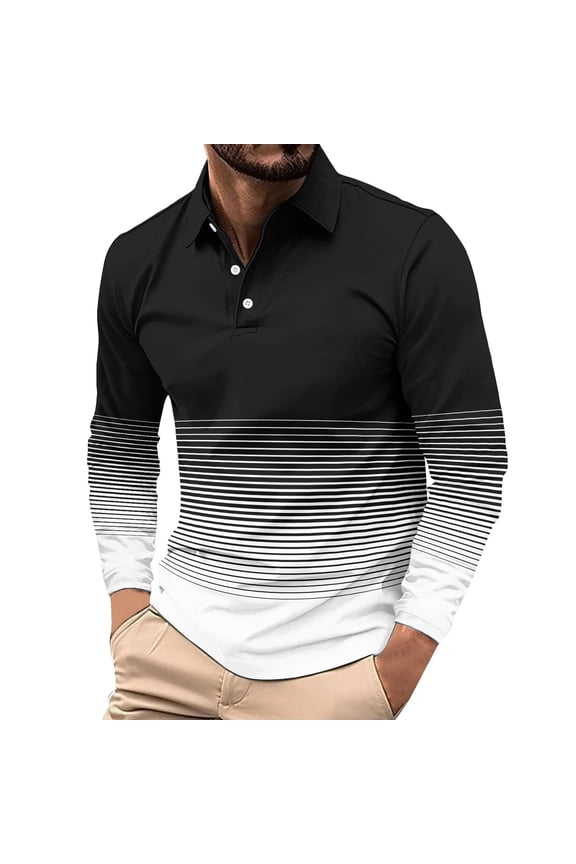 George Men Gradient Striped Long Sleeve Shirts Classic Collar Button Placket Horizontal Lines Colorblock Tops,Black,2XL