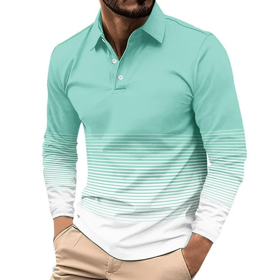 GuangCheng George Men Gradient Striped Long Sleeve Shirts Classic Collar Button Placket Horizontal Lines Colorblock Tops,Light Blue,5XL