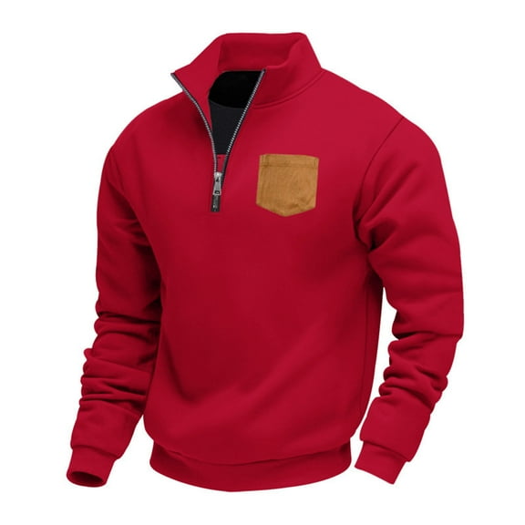 GuangCheng George Men Half Zip Pullover Sweatshirt Contrast Chest Pocket Fleece Lined Soft Warm Comfort Casual Blouses,Red,XL