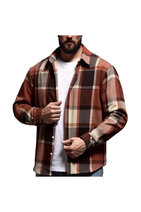 George Men Heavyweight Plaid Flannel Shirts Long Sleeve Button Down Classic Collar Checkered Overshirt Warm Soft Casual Tops,Orange,L