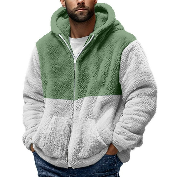 GuangCheng George Men Hooded Fleece Jackets,Color Block,Zip Up,Casual,Outerwear Daily Wear Coats,Green,L