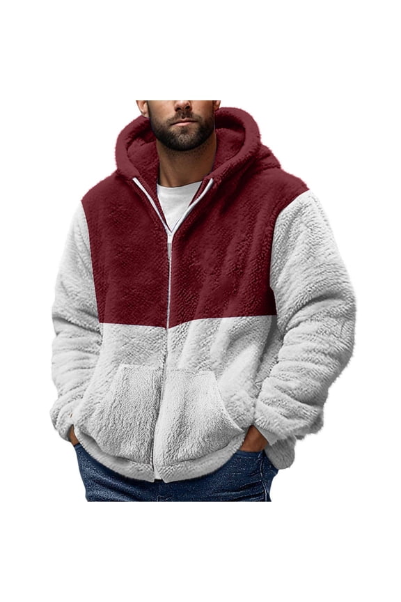 George Men Hooded Fleece Jackets,Color Block,Zip Up,Casual,Outerwear Daily Wear Coats,Wine,S
