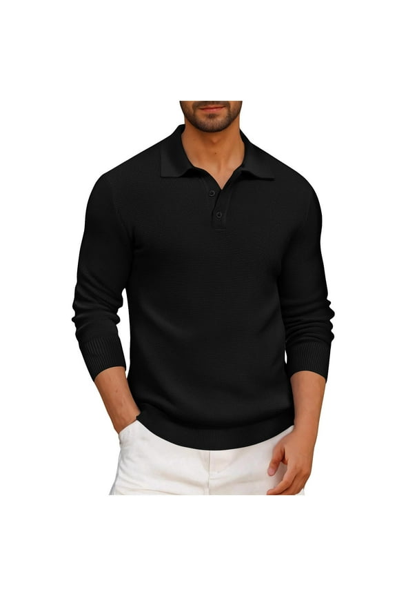 George Men Knitted Sweaters Long Sleeve Textured Collar Button Placket Slim Fit Stretch Comfort Casual Dress Shirts,Black,XL