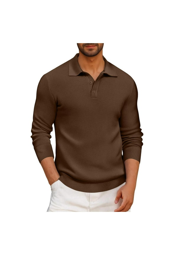 George Men Knitted Sweaters Long Sleeve Textured Collar Button Placket Slim Fit Stretch Comfort Casual Dress Shirts,Coffee,XL