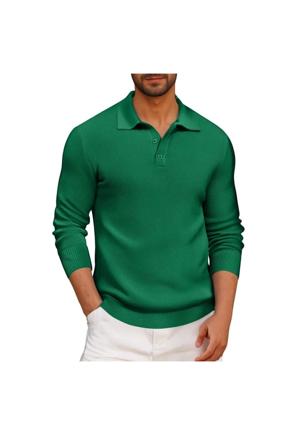 George Men Knitted Sweaters Long Sleeve Textured Collar Button Placket Slim Fit Stretch Comfort Casual Dress Shirts,Green,XL