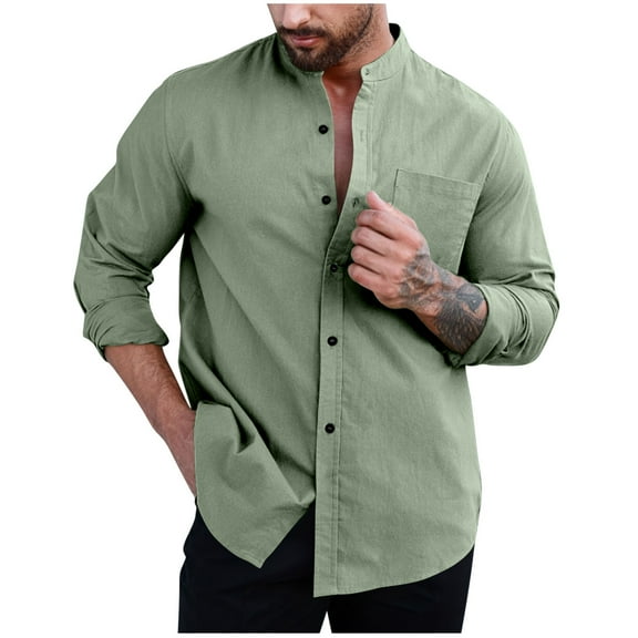GuangCheng George Men Linen Blend Mandarin Collar Shirt Long Sleeve Button Front Chest Pocket Breathable Lightweight Shirts,Green,3XL
