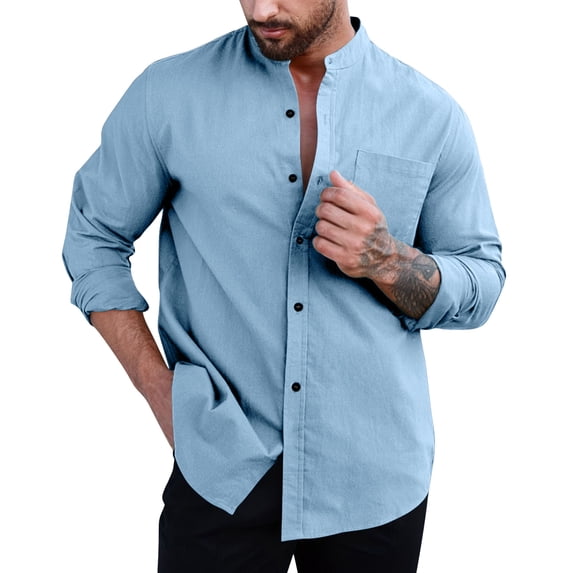 GuangCheng George Men Linen Blend Mandarin Collar Shirt Long Sleeve Button Front Chest Pocket Breathable Lightweight Shirts,Light Blue,M