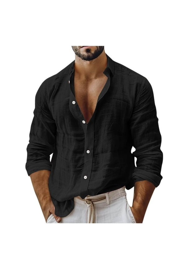 George Men Linen Blend Shirt Long Sleeve Button Down Open Collar Soft Breathable Lightweight Blouses,Black,M